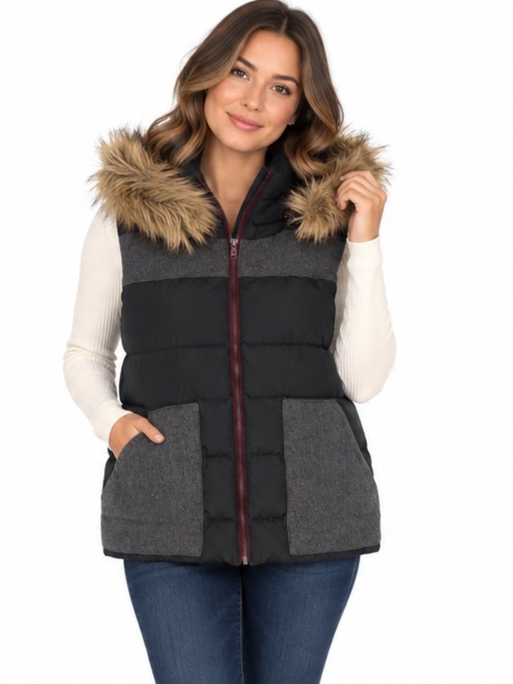 LL Bean Signature Down Puffer Vest S Black Wool Panel Faux Fur Hood Mixed Media